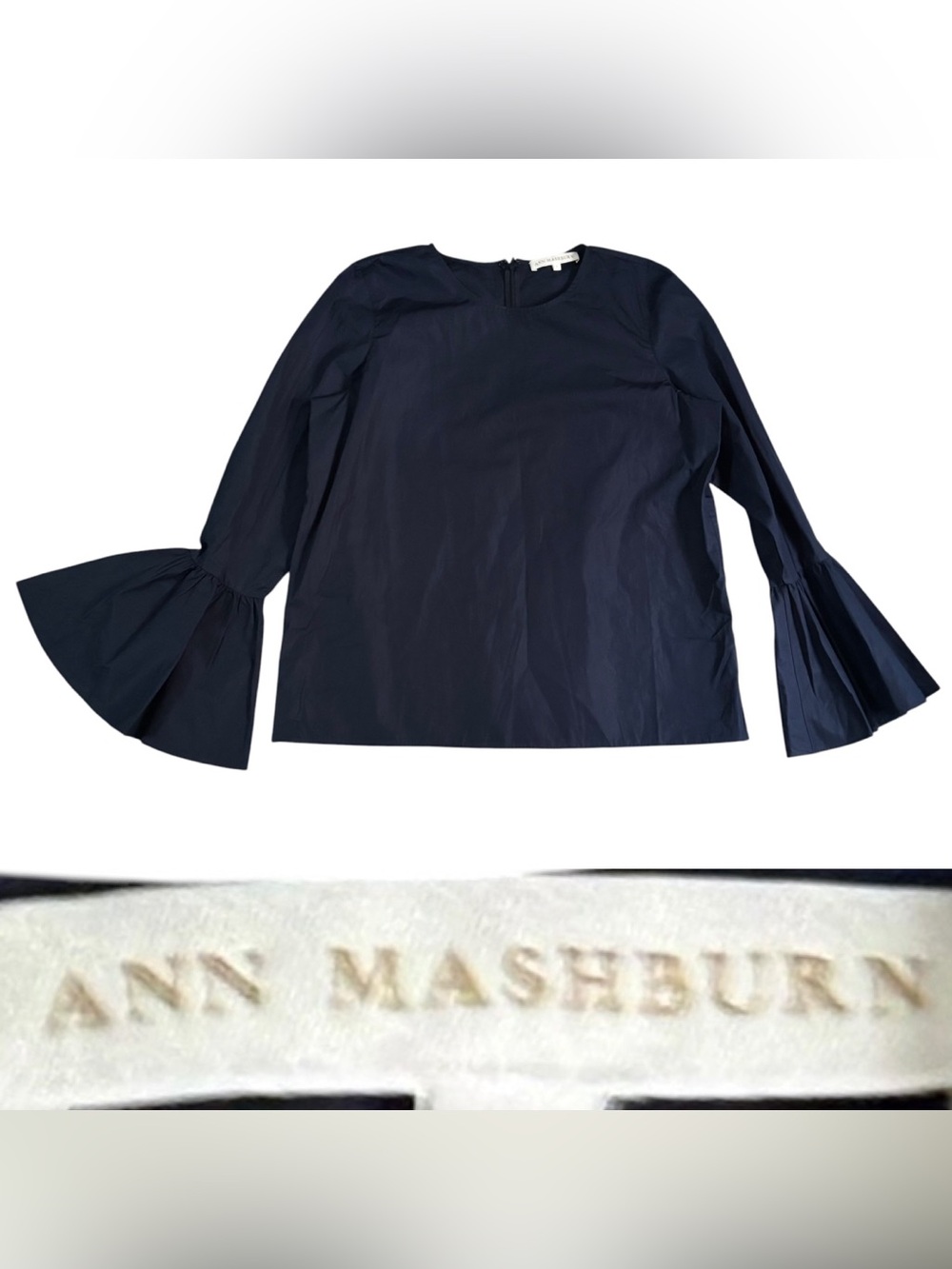 Ann Mashburn Bell Sleeve Poplin Blouse Women’s Size Large In Navy Blue